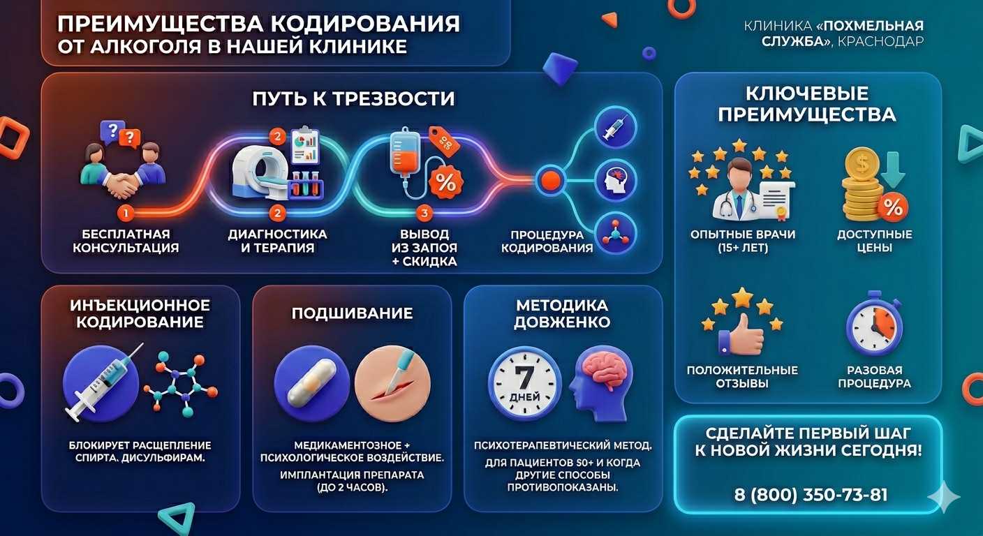 Инфографика о методах кодирования от алкоголя в Миньяре: инъекции, подшивание, метод Довженко. Преимущества клиники и этапы лечения.