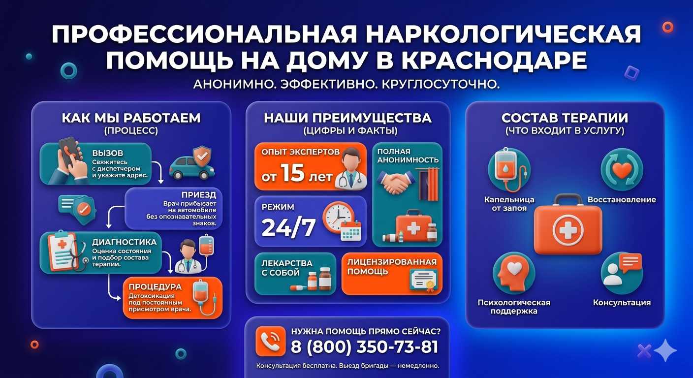 Инфографика о принципах лечения алкоголизма на дому в Миньяре: этапы вызова нарколога, преимущества анонимной детоксикации и состав медицинской помощи.
